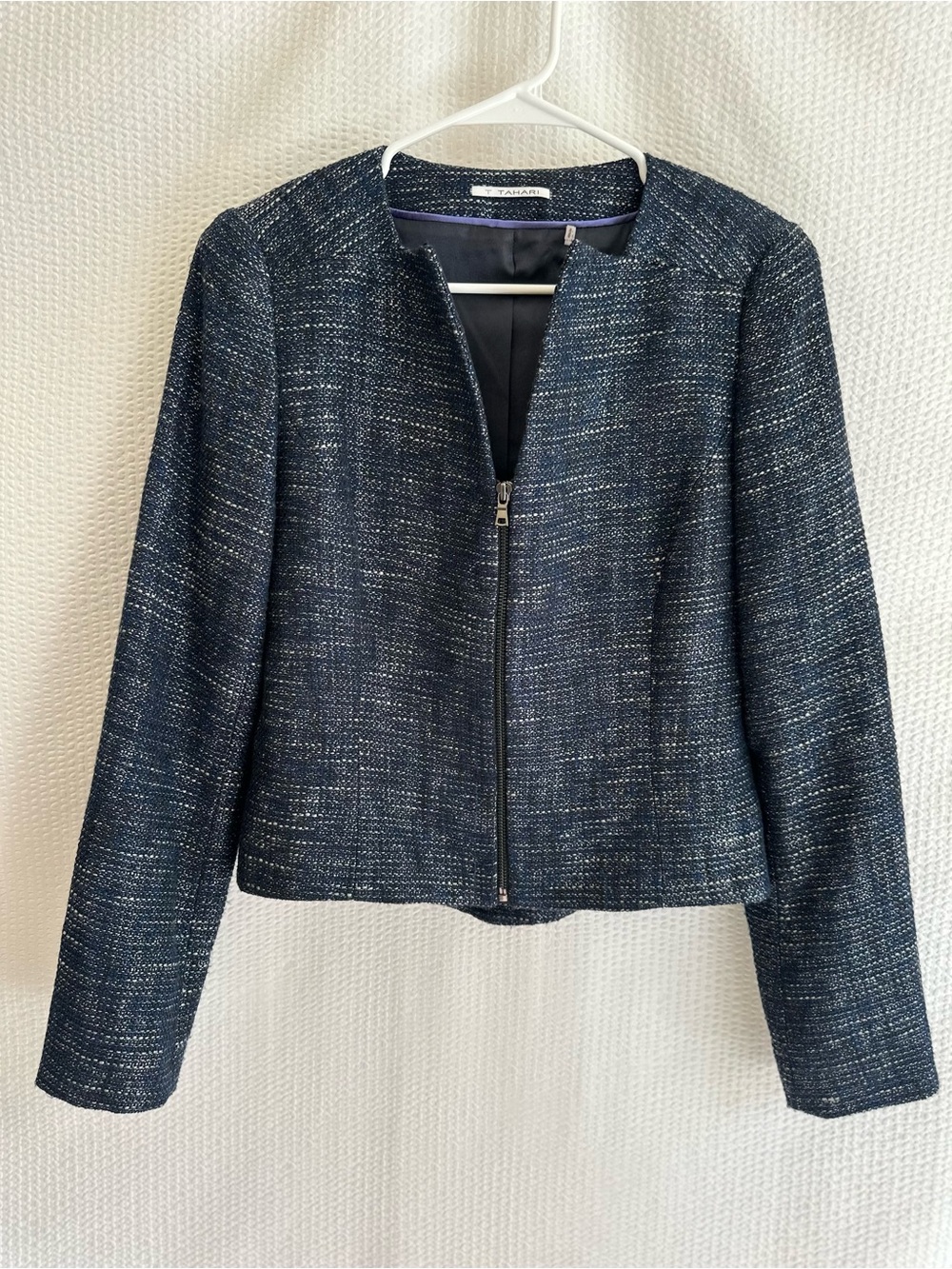 Tahari Textured Tweed Zip Front Jacket Size 8 Blue Metallic Career Blazer